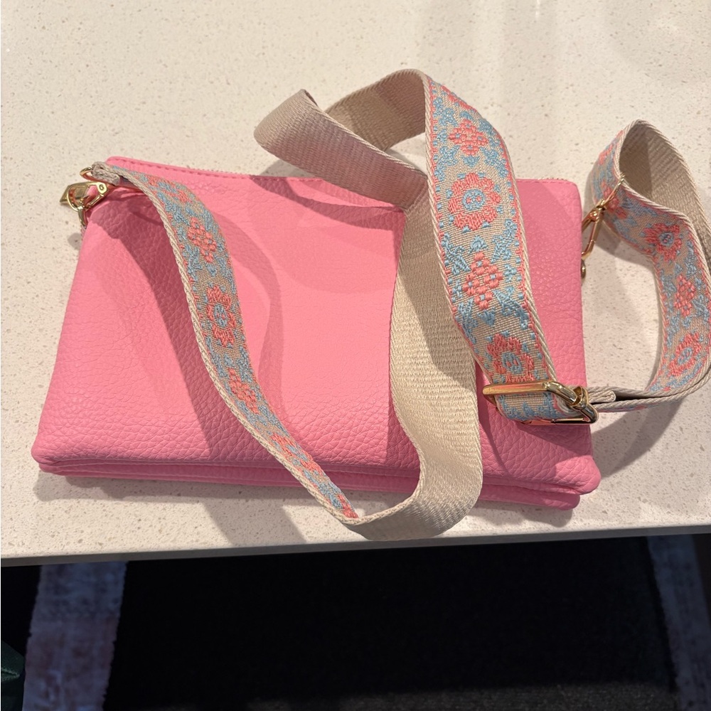 Elegant Pink Crossbody Bag with Floral Strap